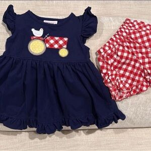 Navy Tractor Appliqué Matching Set with Red Gingham Bloomers
